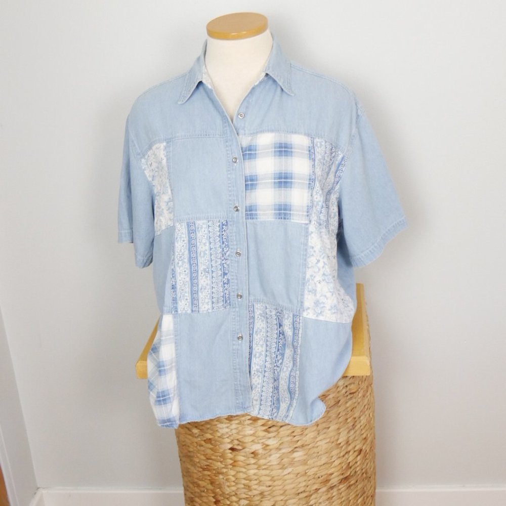 Vintage Patchwork Button Up Collared Top Jean Plu… - image 1